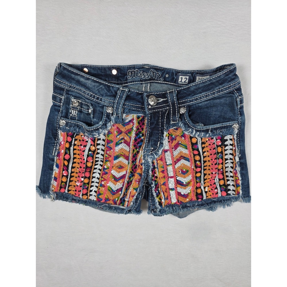 Miss Me Girls Denim Cutoff Shorts JK6364H Sequin Tribal Size 12 Blue Boho